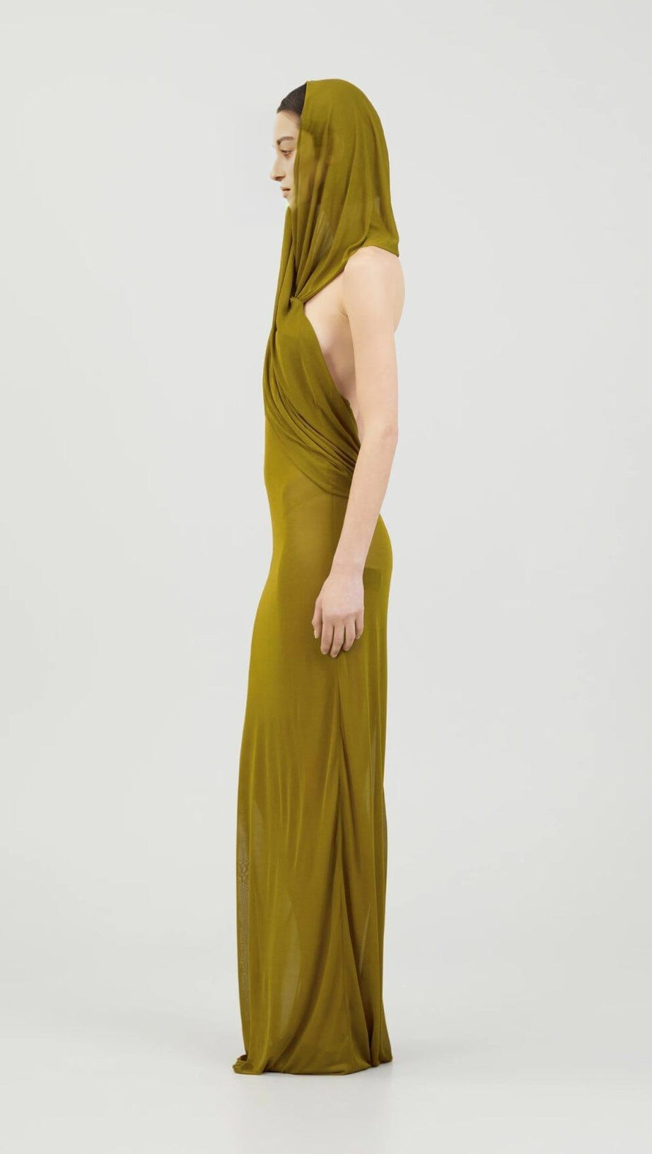 GINGER YELLOW SHEER EVENING GOWN WITH DRAPED HOOD