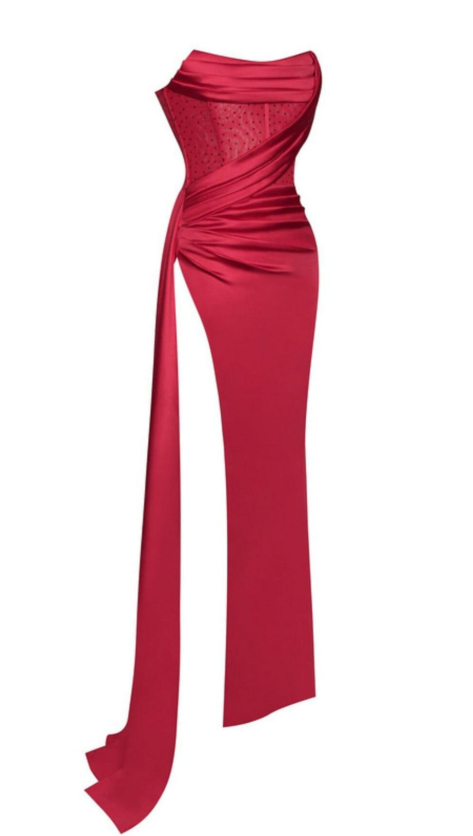 HOLLY RED CRYSTALLIZED CORSET HIGH SLIT SATIN GOWN