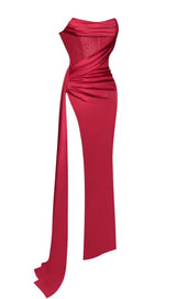 HOLLY RED CRYSTALLIZED CORSET HIGH SLIT SATIN GOWN