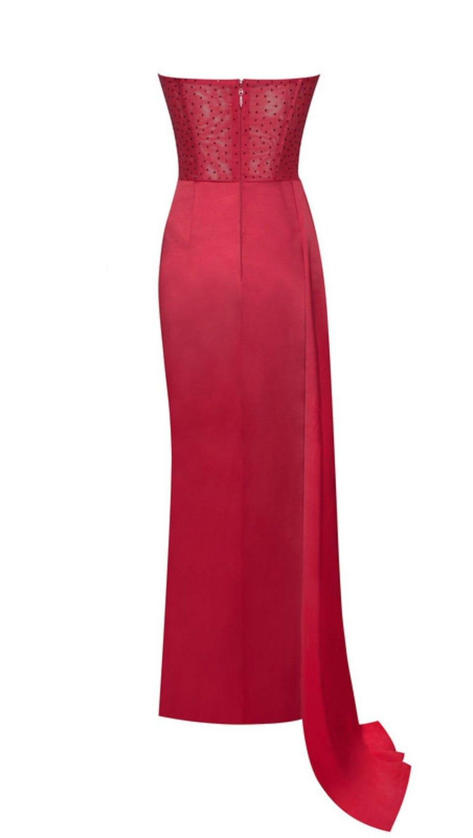 HOLLY RED CRYSTALLIZED CORSET HIGH SLIT SATIN GOWN