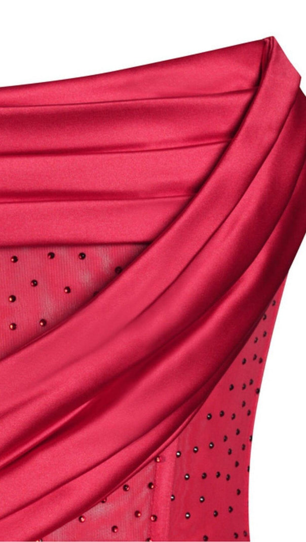 AIIZIE HOLLY RED CRYSTALLIZED CORSET HIGH SLIT SATIN GOWN - product image