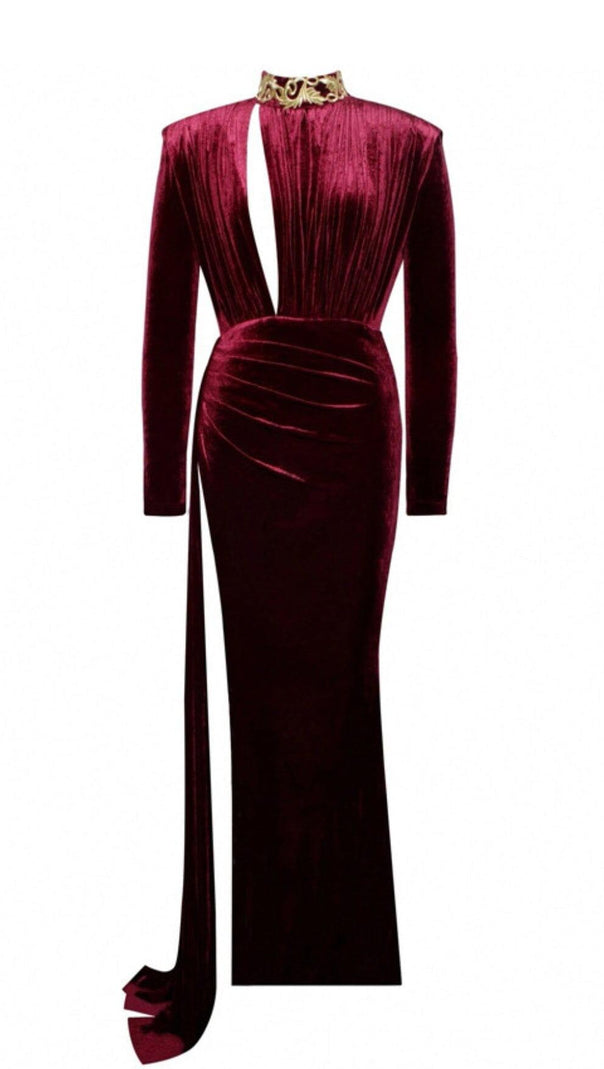 AIIZIE ZENAIDA BURGUNDY CUTOUT HIGH SLIT VELVET GOWN - product image