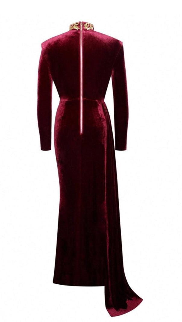 AIIZIE ZENAIDA BURGUNDY CUTOUT HIGH SLIT VELVET GOWN - product image