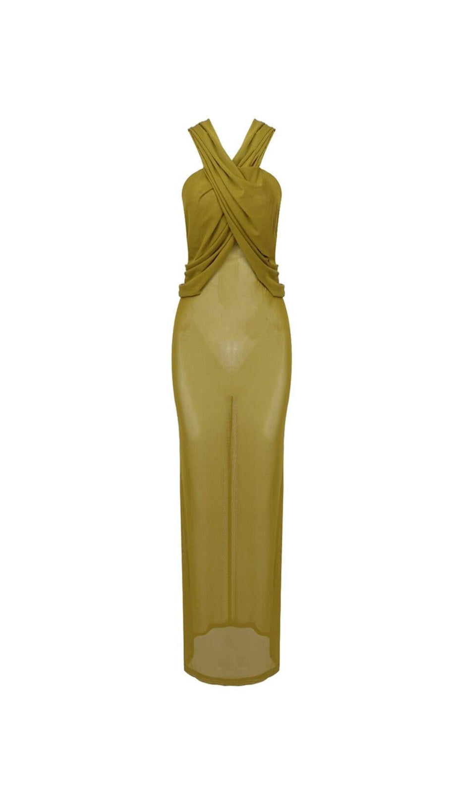 GINGER YELLOW SHEER EVENING GOWN WITH DRAPED HOOD