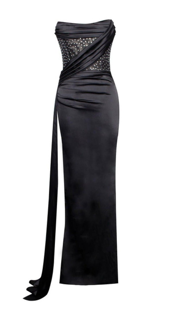AIIZIE HOLLY BLACK CRYSTALLIZED CORSET HIGH SLIT SATIN GOWN - product image