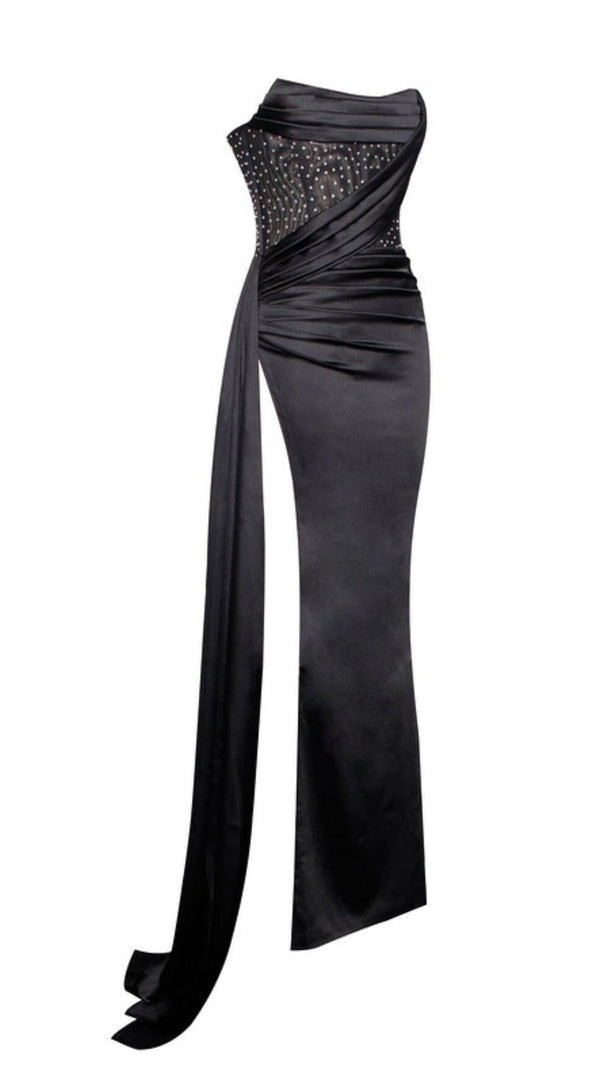 AIIZIE HOLLY BLACK CRYSTALLIZED CORSET HIGH SLIT SATIN GOWN - product image