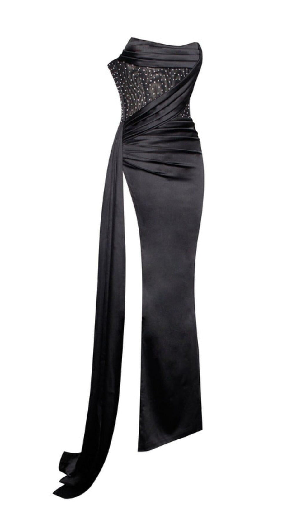 HOLLY BLACK CRYSTALLIZED CORSET HIGH SLIT SATIN GOWN