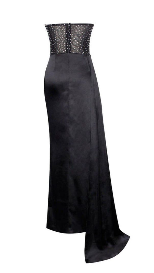 AIIZIE HOLLY BLACK CRYSTALLIZED CORSET HIGH SLIT SATIN GOWN - product image
