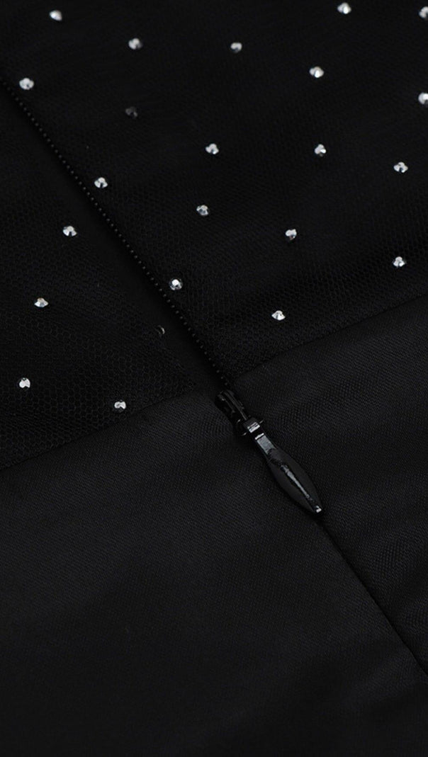 AIIZIE HOLLY BLACK CRYSTALLIZED CORSET HIGH SLIT SATIN GOWN - product image