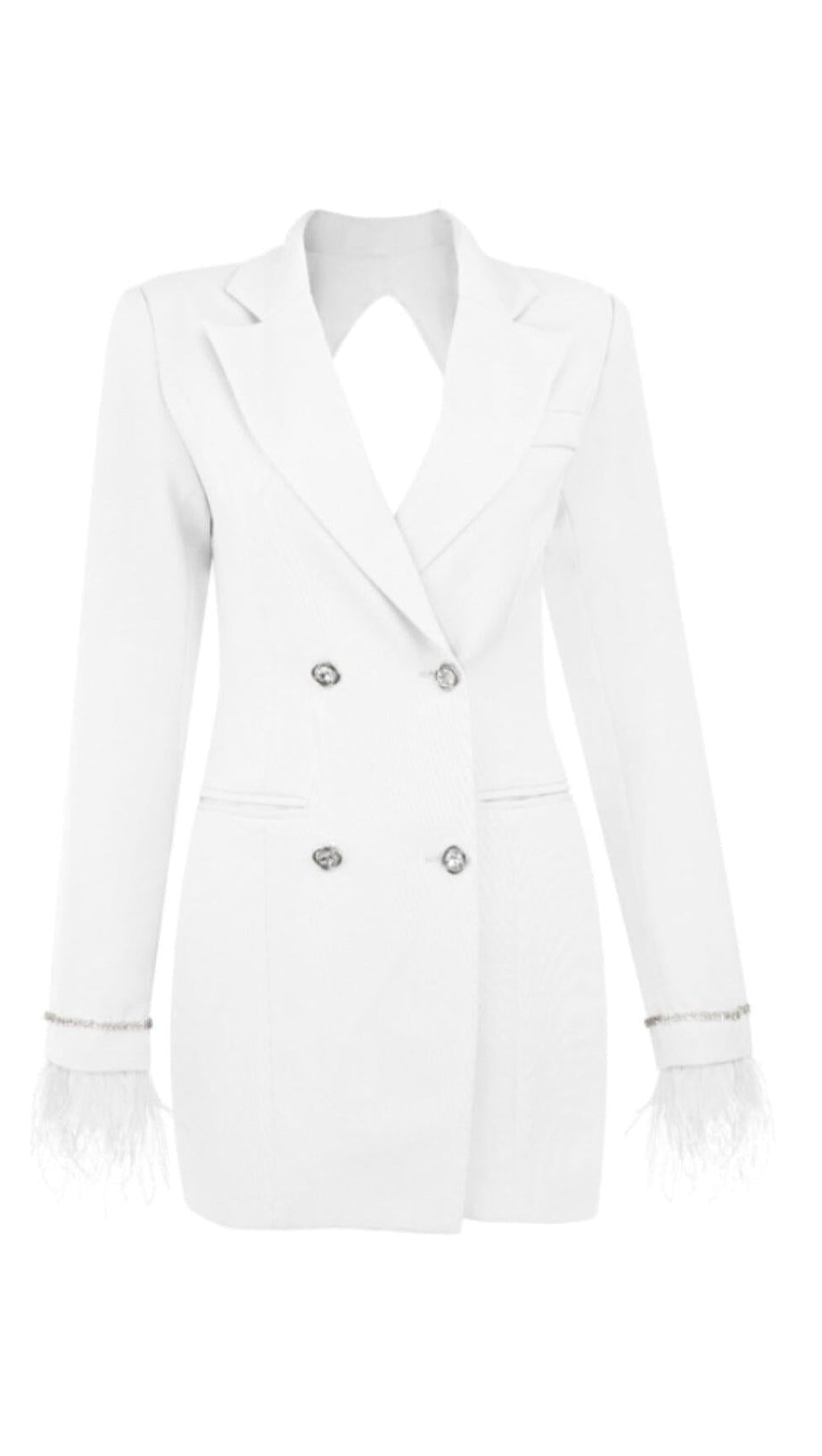 QUILLA WHITE FEATHER CRYSTAL SLEEVE BACKLESS BLAZER DRESS