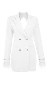 QUILLA WHITE FEATHER CRYSTAL SLEEVE BACKLESS BLAZER DRESS