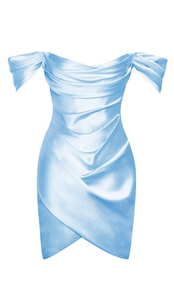 AIIZIE BABY BLUE OFF SHOULDER SATIN CORSET DRESS - product image