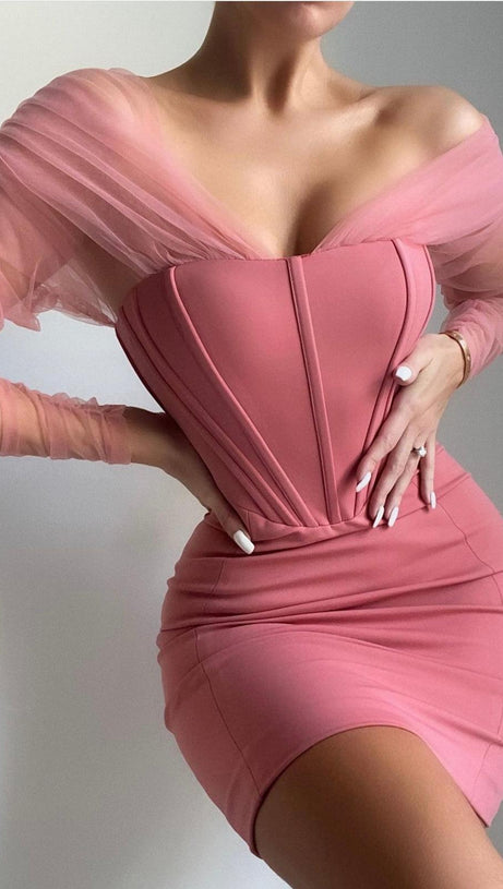 OFF SHOULDER MESH MINI DRESS IN PINK