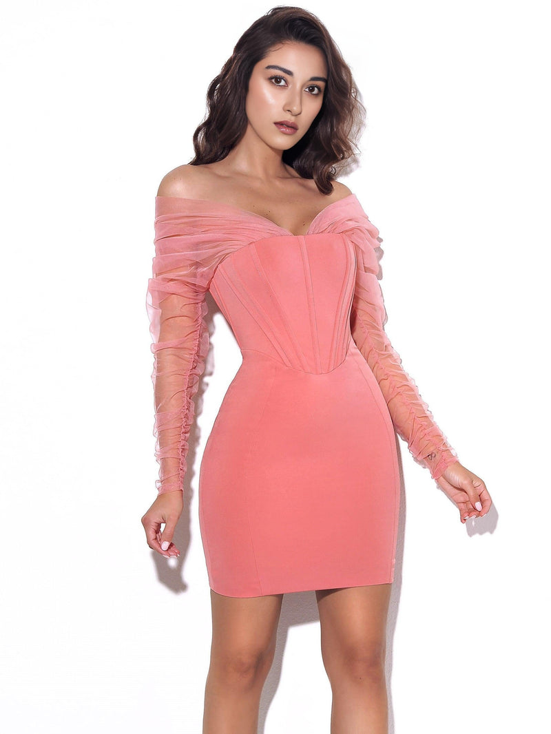 OFF SHOULDER MESH MINI DRESS IN PINK