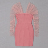 OFF SHOULDER MESH MINI DRESS IN PINK