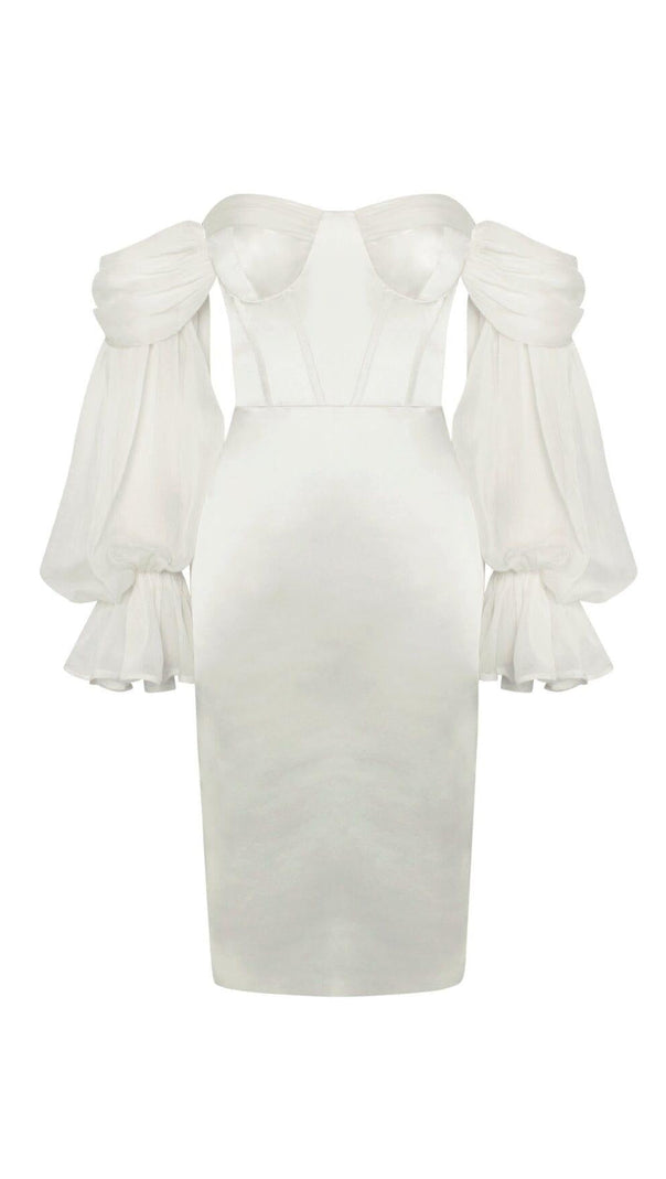 AIIZIE LYDIA PEARL WHITE SATIN OFF SHOULDER PUFF SLEEVE DRESS - product image