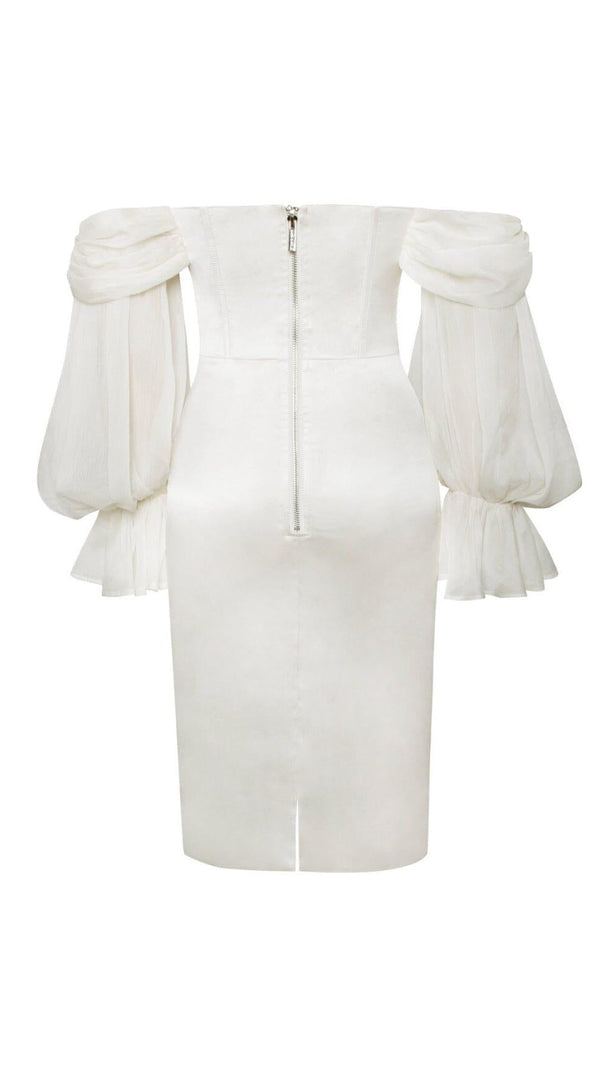 AIIZIE LYDIA PEARL WHITE SATIN OFF SHOULDER PUFF SLEEVE DRESS - product image