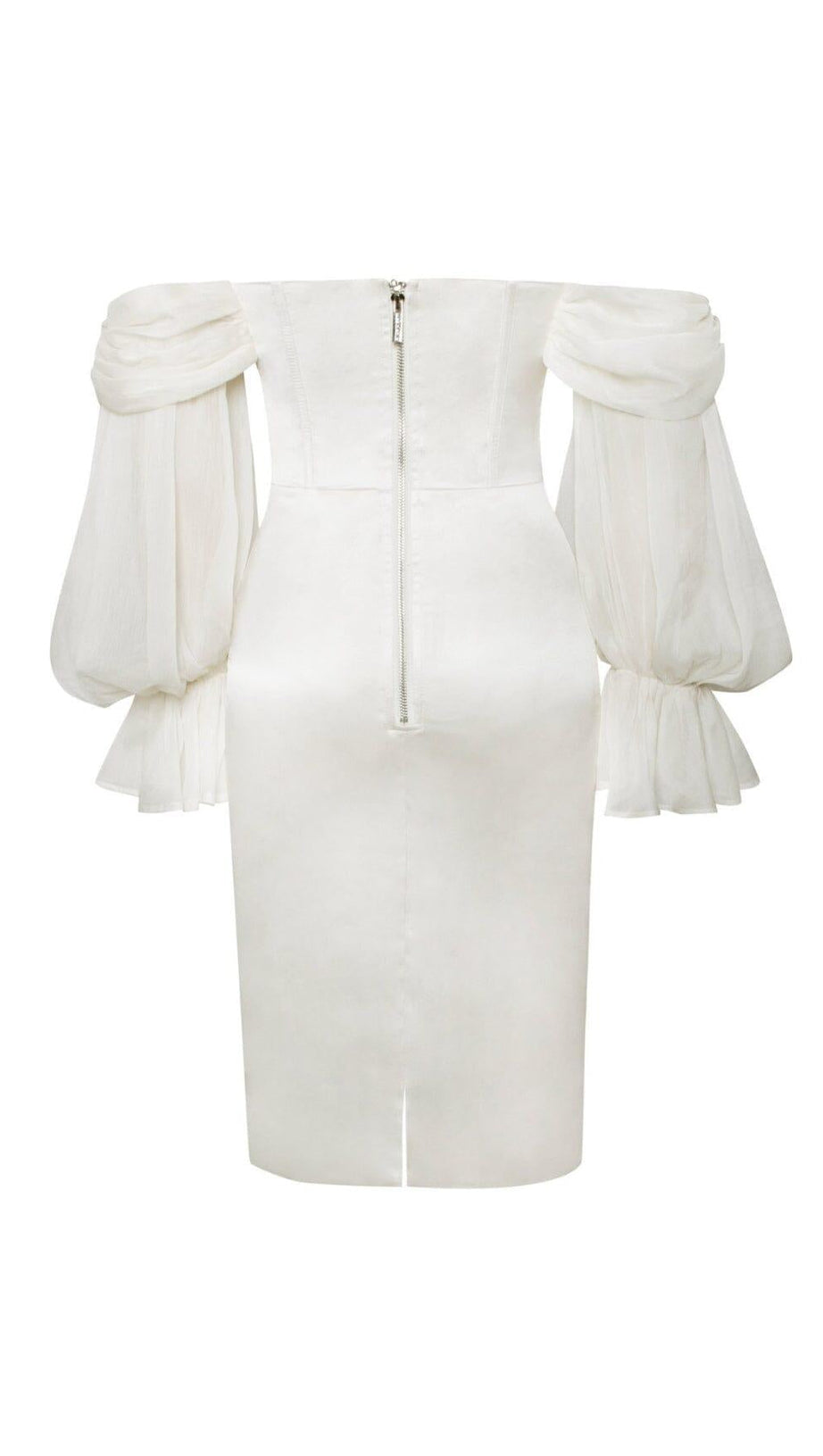LYDIA PEARL WHITE SATIN OFF SHOULDER PUFF SLEEVE DRESS