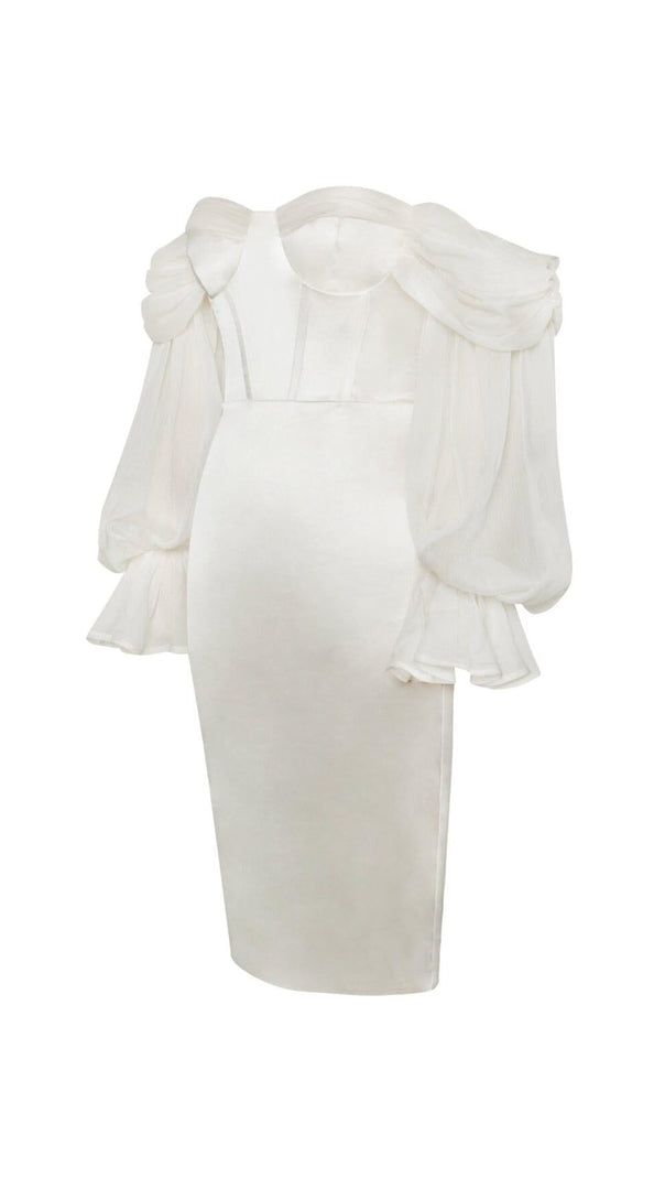 AIIZIE LYDIA PEARL WHITE SATIN OFF SHOULDER PUFF SLEEVE DRESS - product image
