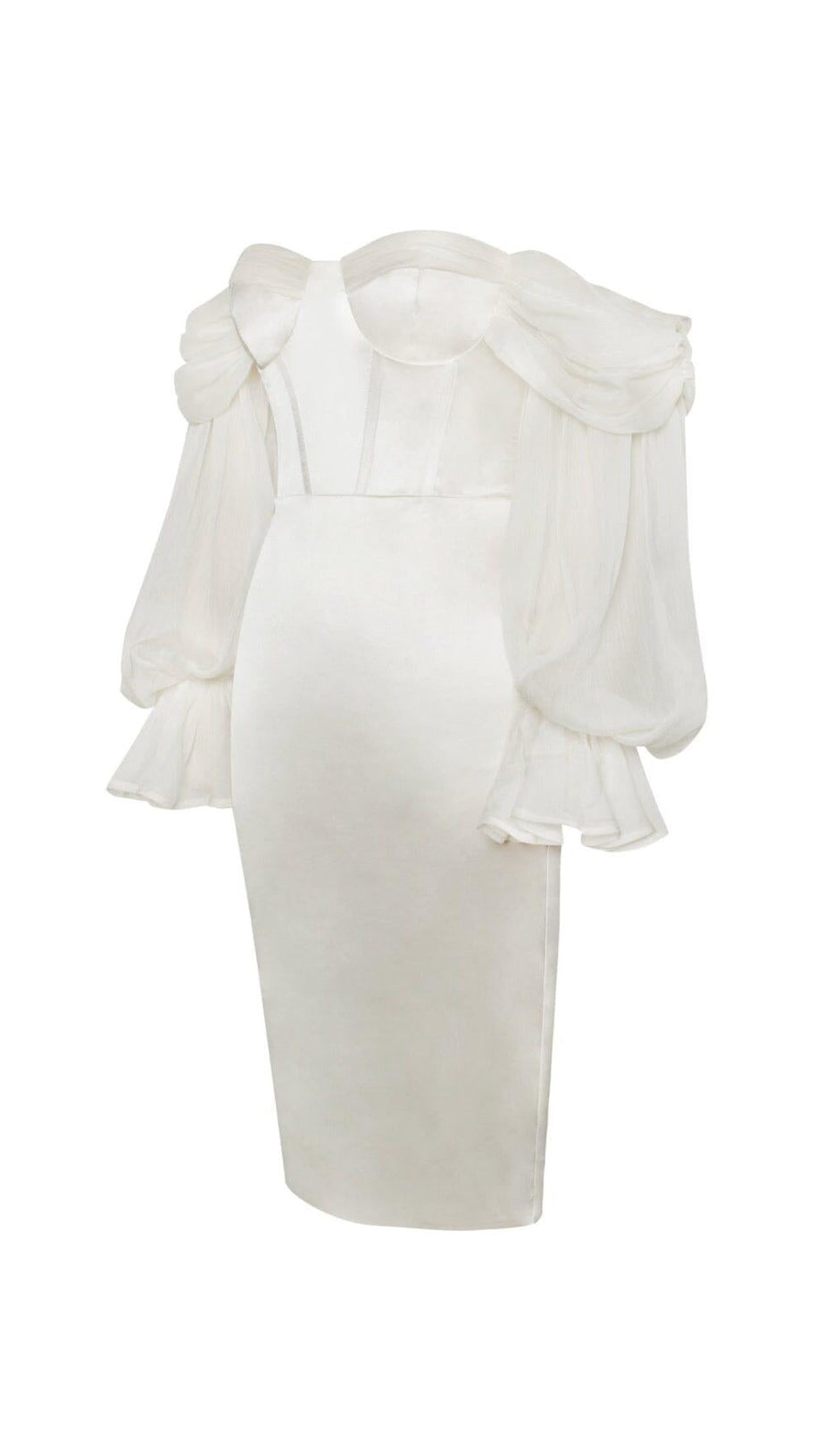 LYDIA PEARL WHITE SATIN OFF SHOULDER PUFF SLEEVE DRESS