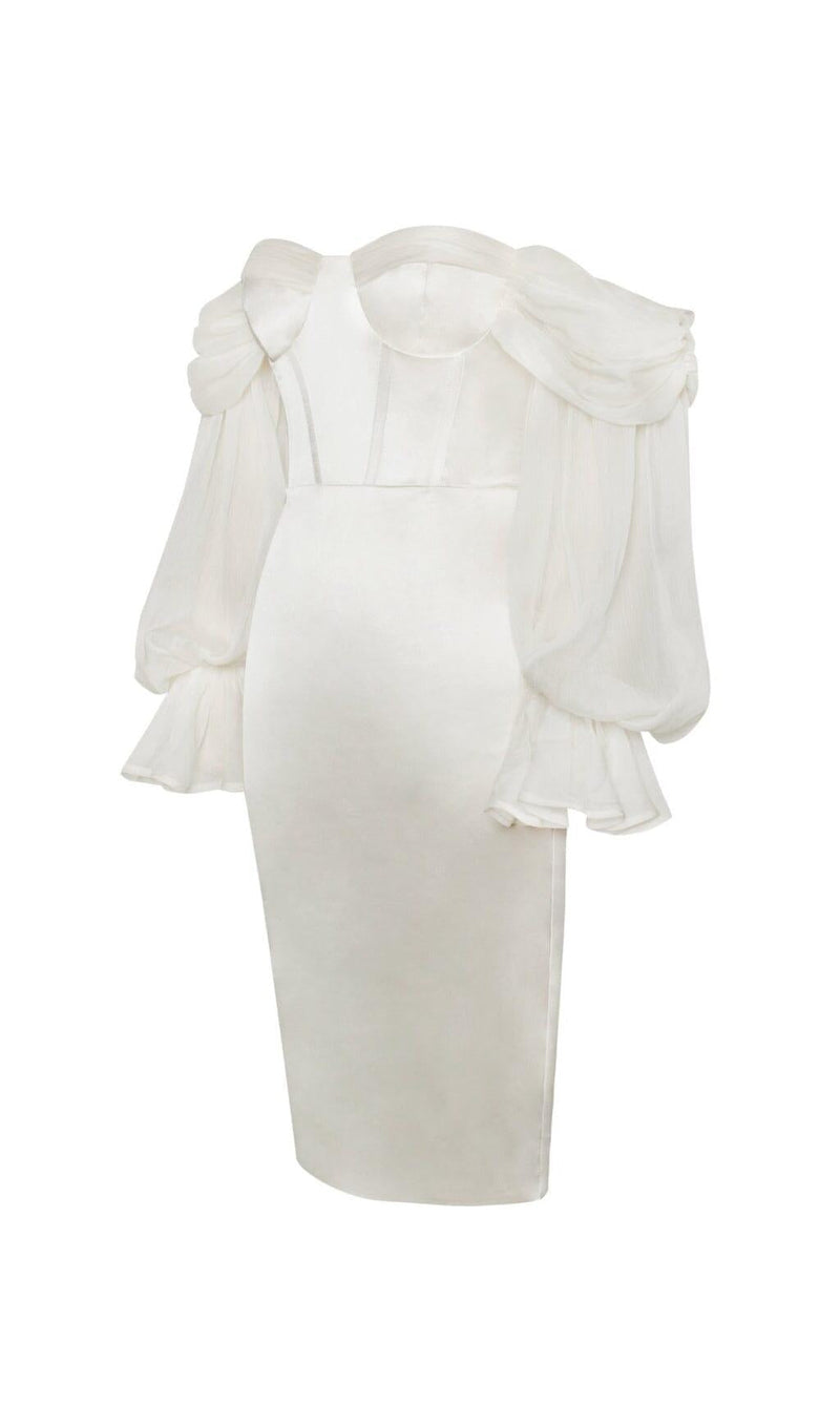 LYDIA PEARL WHITE SATIN OFF SHOULDER PUFF SLEEVE DRESS