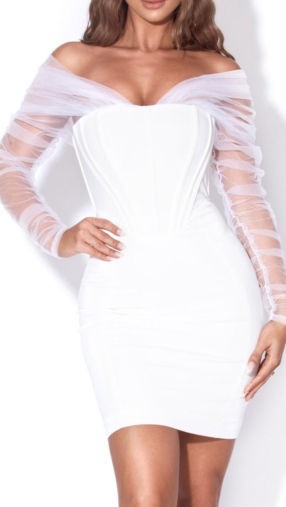 ZOFIA WHITE OFF SHOULDER MESH SLEEVE CORSET DRESS