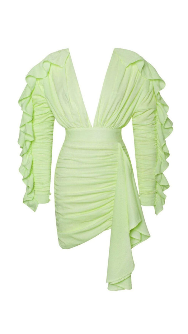 AIIZIE SAMARA YELLOW DRAPING RUFFLE SLEEVE DRESS - product image
