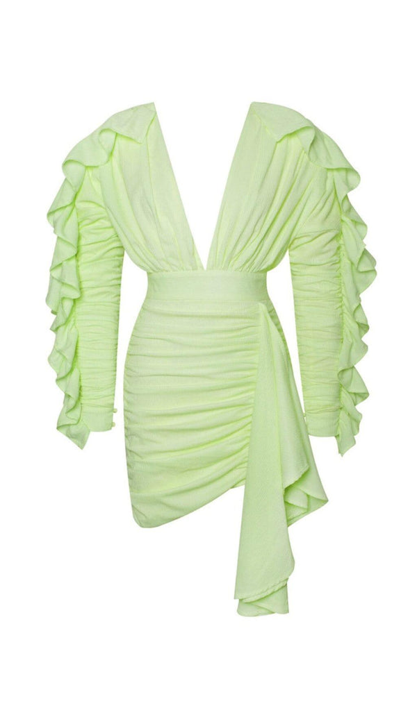 SAMARA YELLOW DRAPING RUFFLE SLEEVE DRESS