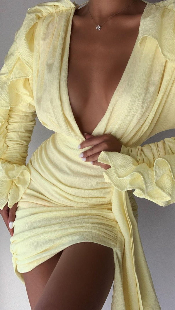 AIIZIE SAMARA YELLOW DRAPING RUFFLE SLEEVE DRESS - product image