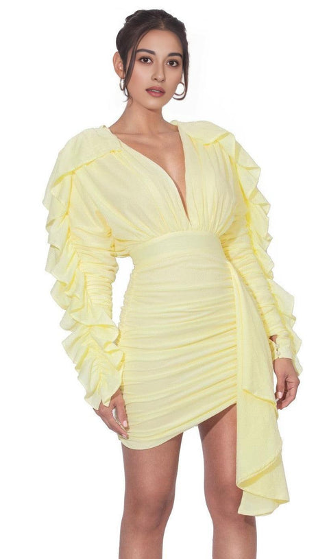 SAMARA YELLOW DRAPING RUFFLE SLEEVE DRESS