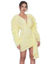 SAMARA YELLOW DRAPING RUFFLE SLEEVE DRESS