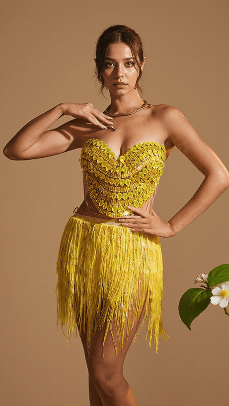 YVAINE RHINESTONE CORSET GLITTER FRINGE SKIRT SET