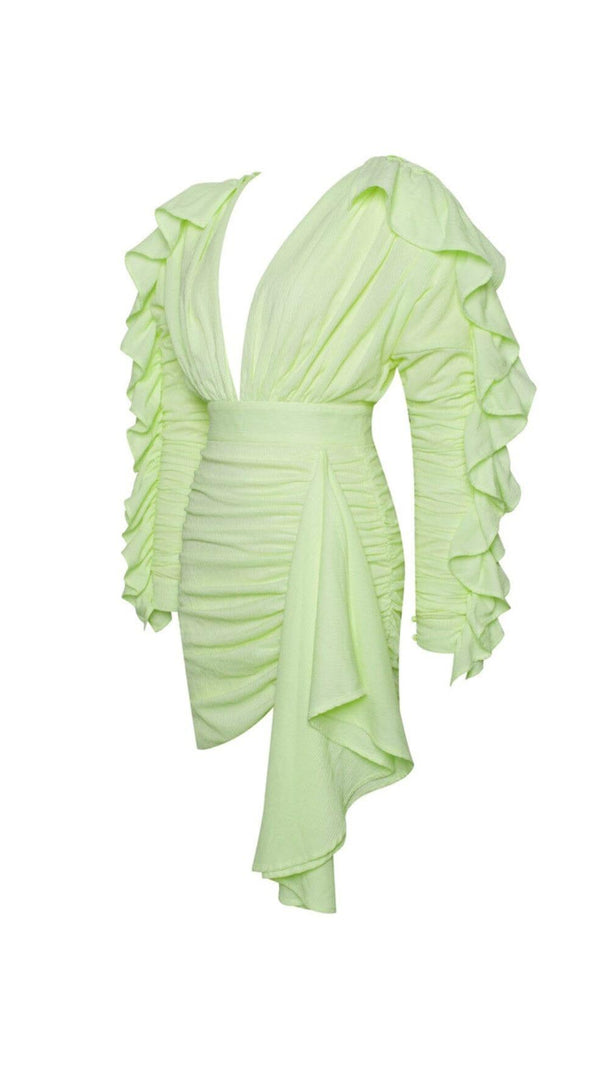 AIIZIE SAMARA YELLOW DRAPING RUFFLE SLEEVE DRESS - product image