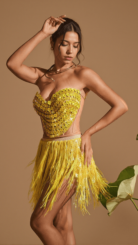 YVAINE RHINESTONE CORSET GLITTER FRINGE SKIRT SET