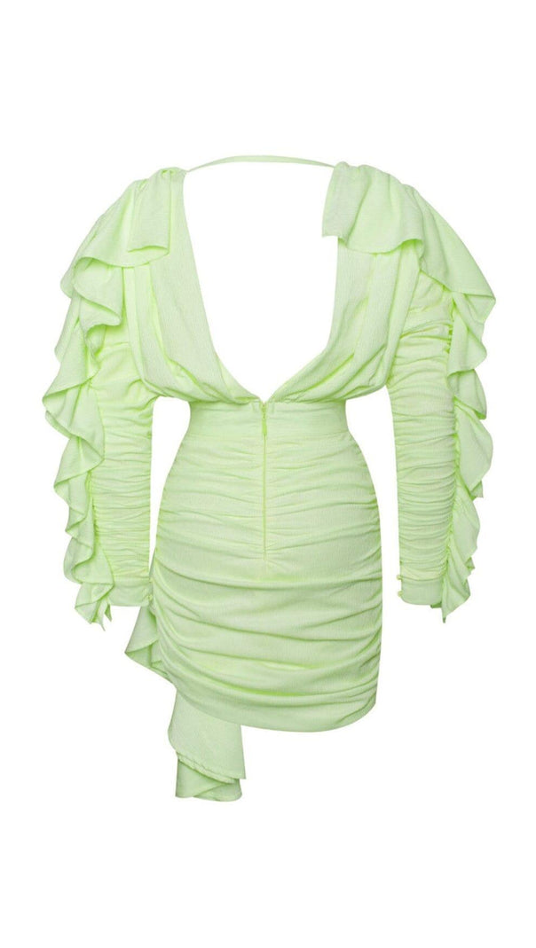 AIIZIE SAMARA YELLOW DRAPING RUFFLE SLEEVE DRESS - product image