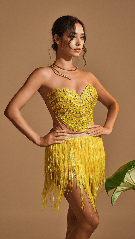 YVAINE RHINESTONE CORSET GLITTER FRINGE SKIRT SET