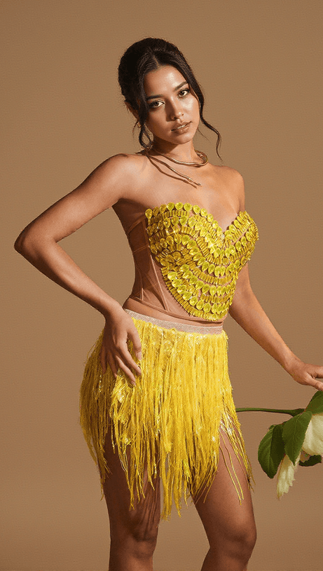 YVAINE RHINESTONE CORSET GLITTER FRINGE SKIRT SET