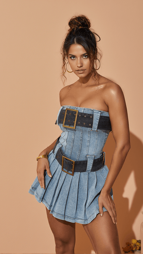 MAKIKO STRAPLESS BELTED MINI DRESS