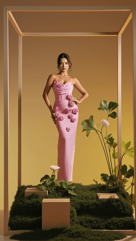 ARUSHI STRAPLESS FLOWER BANDAGE DRESS IN PINK