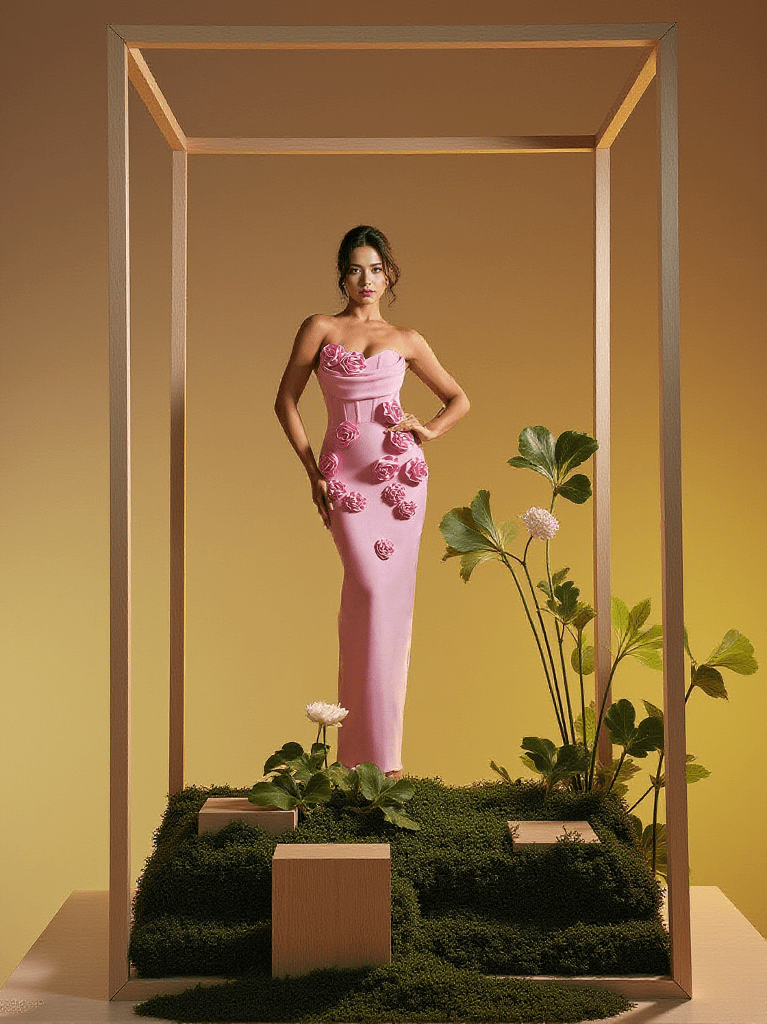 ABITO ARUSHI SENZA SPALLINE CON BENDAGGI A FIORI ROSA