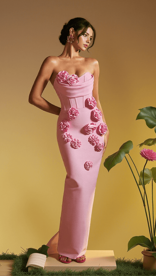 AIIZIE ARUSHI STRAPLESS FLOWER BANDAGE DRESS IN PINK - product image