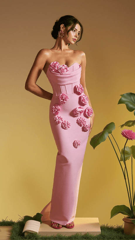 ARUSHI STRAPLESS FLOWER BANDAGE DRESS IN PINK