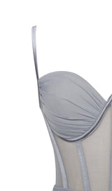 YOLIE GREY RUCHED DRAPING MESH CORSET DRESS