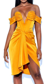 DREYA GOLD OFF SHOULDER SATIN CORSET DRESS