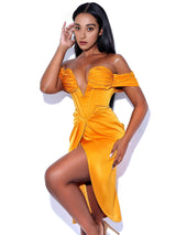 DREYA GOLD OFF SHOULDER SATIN CORSET DRESS