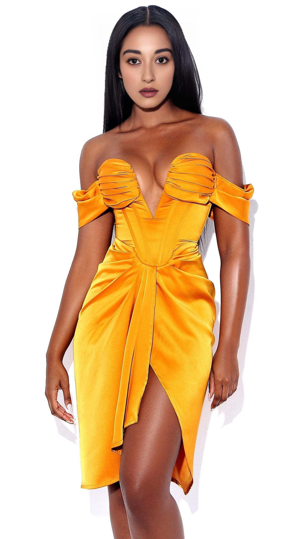 AIIZIE DREYA GOLD OFF SHOULDER SATIN CORSET DRESS - product image