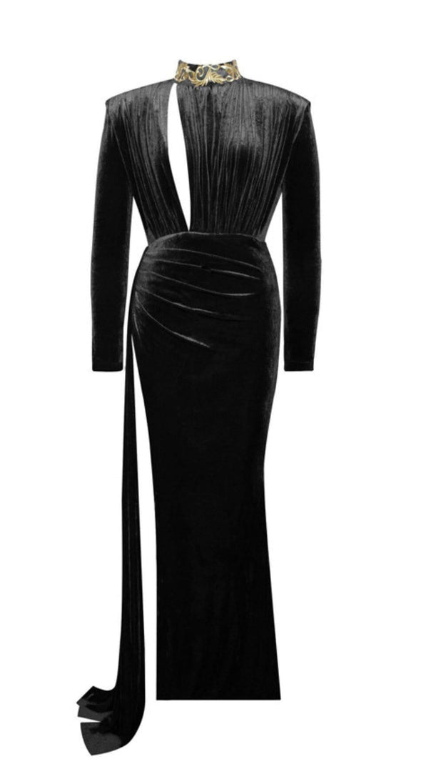 AIIZIE ZENAIDA BLACK CUTOUT HIGH SLIT VELVET GOWN - product image