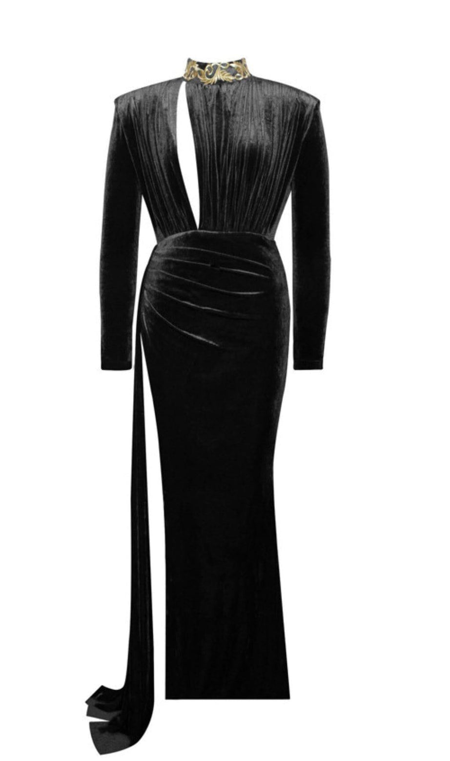 ZENAIDA BLACK CUTOUT HIGH SLIT VELVET GOWN