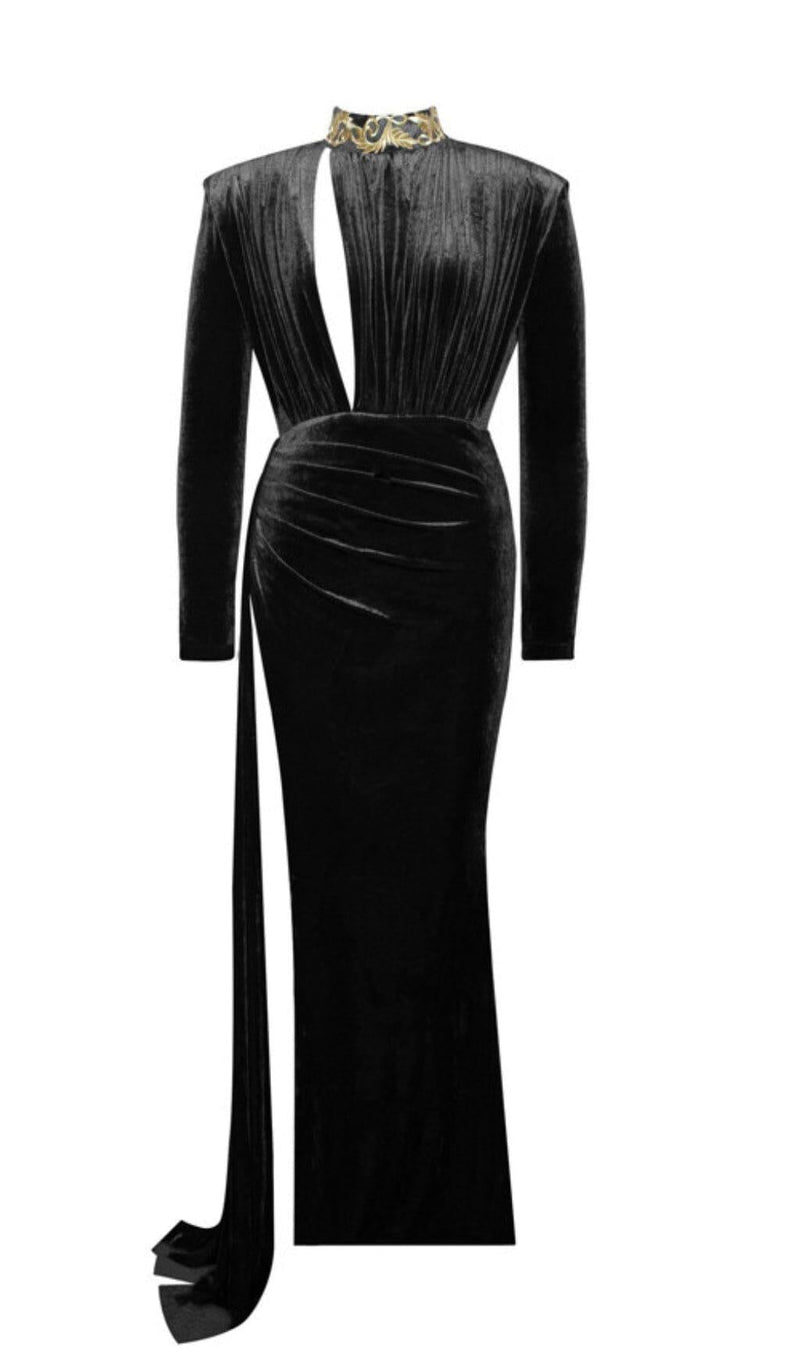 ZENAIDA BLACK CUTOUT HIGH SLIT VELVET GOWN