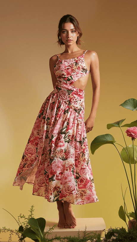 ACIE SPAGHETTI FLORAL PRINT MIDI DRESS